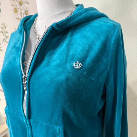 Juicy Couture Peacock Blue Teal Velour Track Hoodie Jacket Y2k McBling Trashy M - Picture 4 of 10